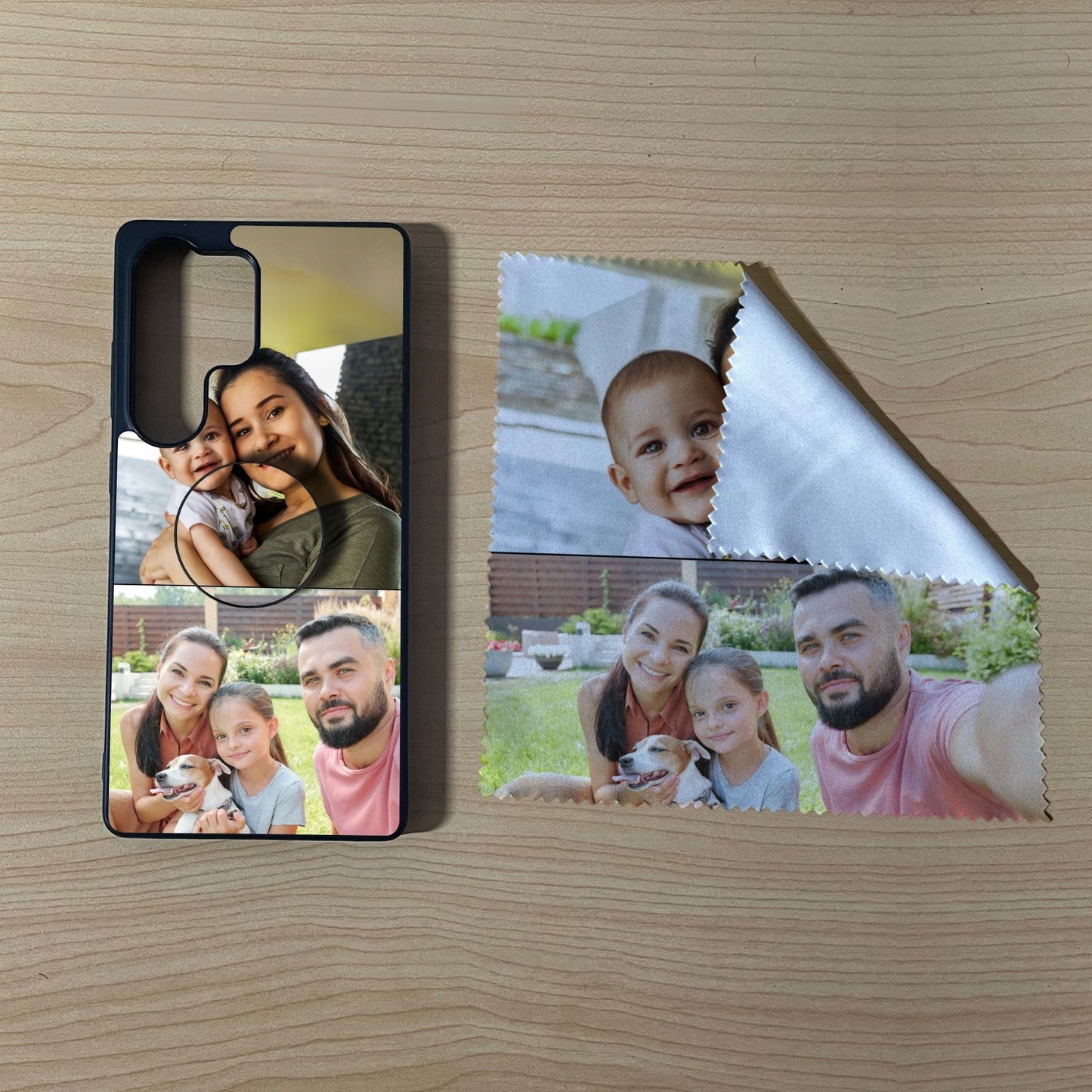 Samsung matching bundle set with a phone case, phone grip and microfiber cloth with 2 photo collage couple theme on a wooden surface