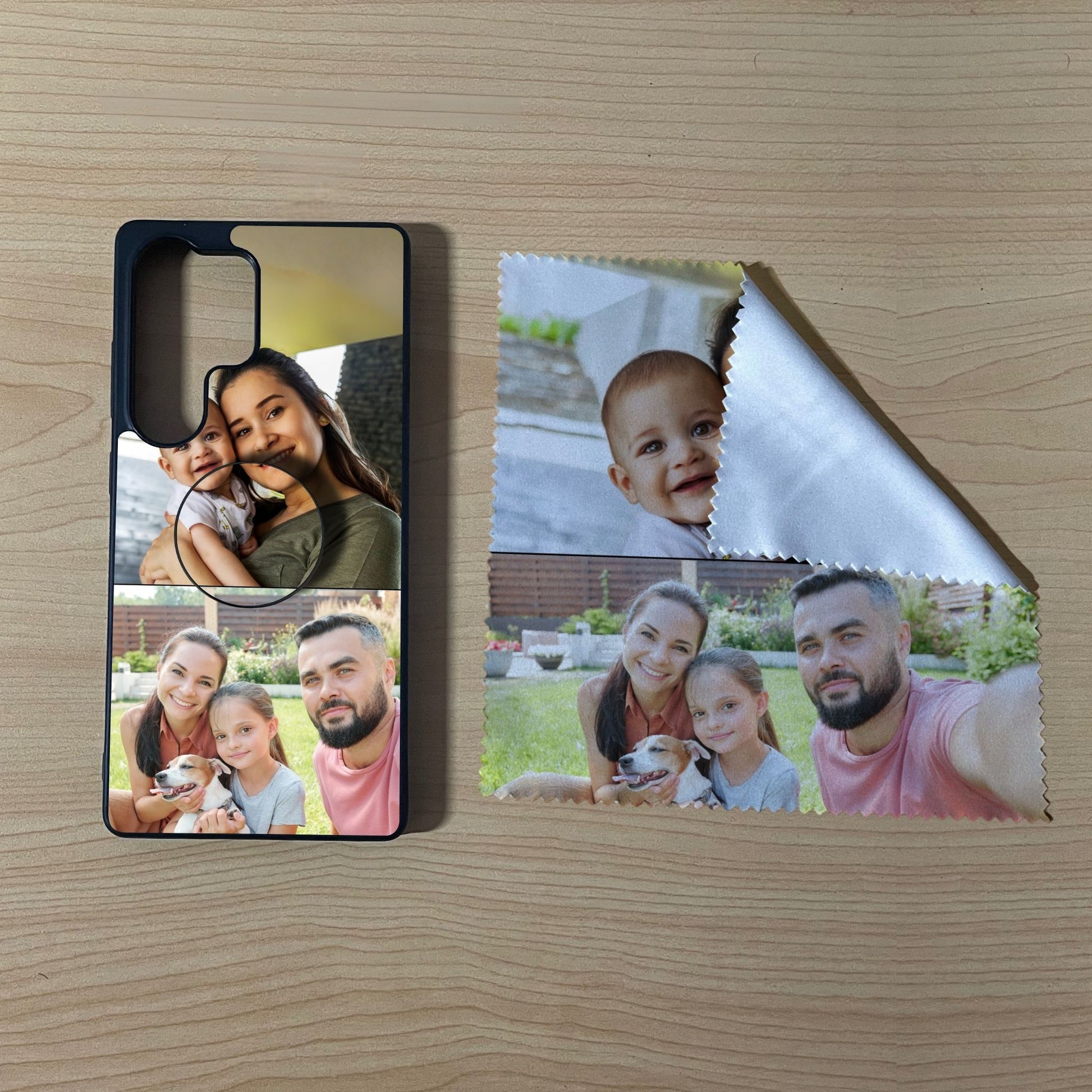Samsung matching bundle set with a phone case, phone grip and microfiber cloth with 2 photo collage couple theme on a wooden surface