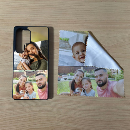 Samsung matching bundle set with a phone case, phone grip and microfiber cloth with 2 photo collage couple theme on a wooden surface