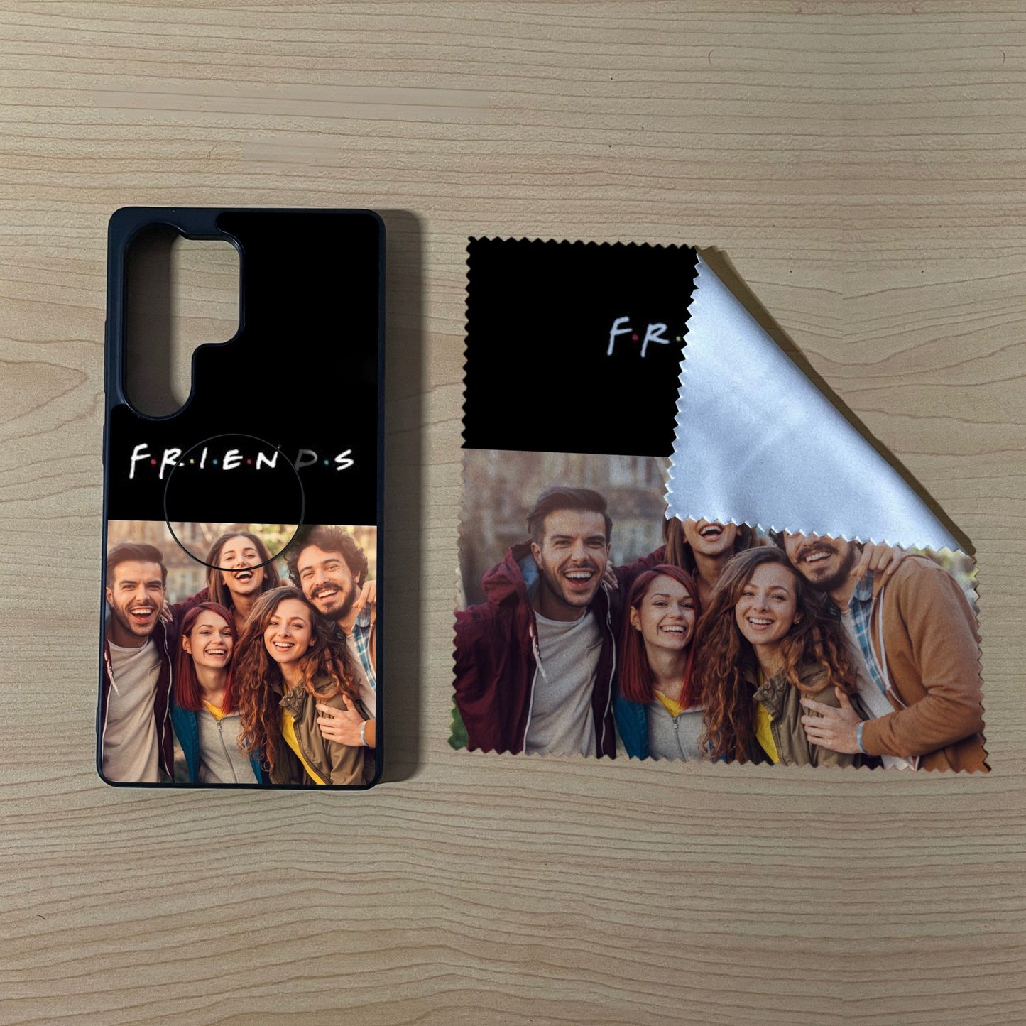 Samsung matching bundle set with a phone case, phone grip and microfiber cloth with 2 photo collage friends theme on a wooden surface
