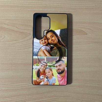 Custom Samsung phone case with 2 photo couple theme collage with an attached phone grip on a wooden surface