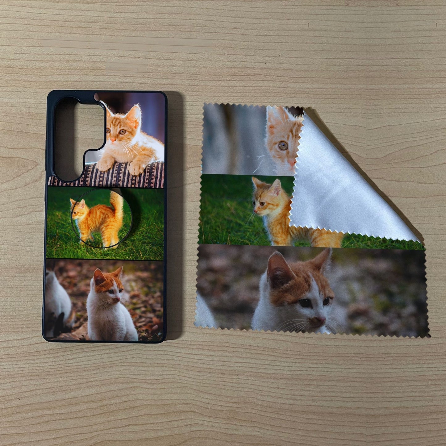 Samsung matching bundle set with a phone case, phone grip and microfiber cloth with 3 photo collage cat theme on a wooden surface