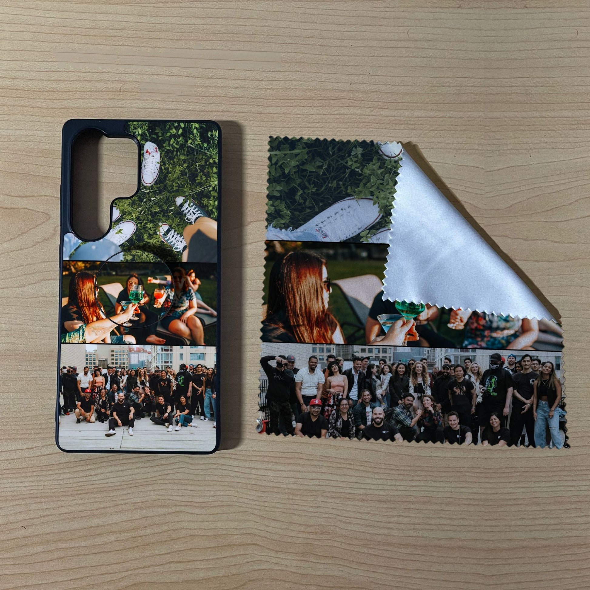 Samsung matching bundle set with a phone case, phone grip and microfiber cloth with 3 photo collage friends theme on a wooden surface