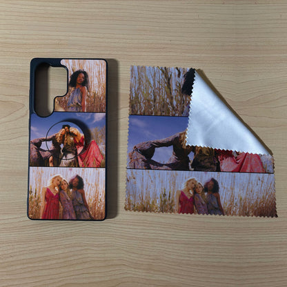 Samsung matching bundle set with a phone case, phone grip and microfiber cloth with 3 photo collage friends design on a wooden surface