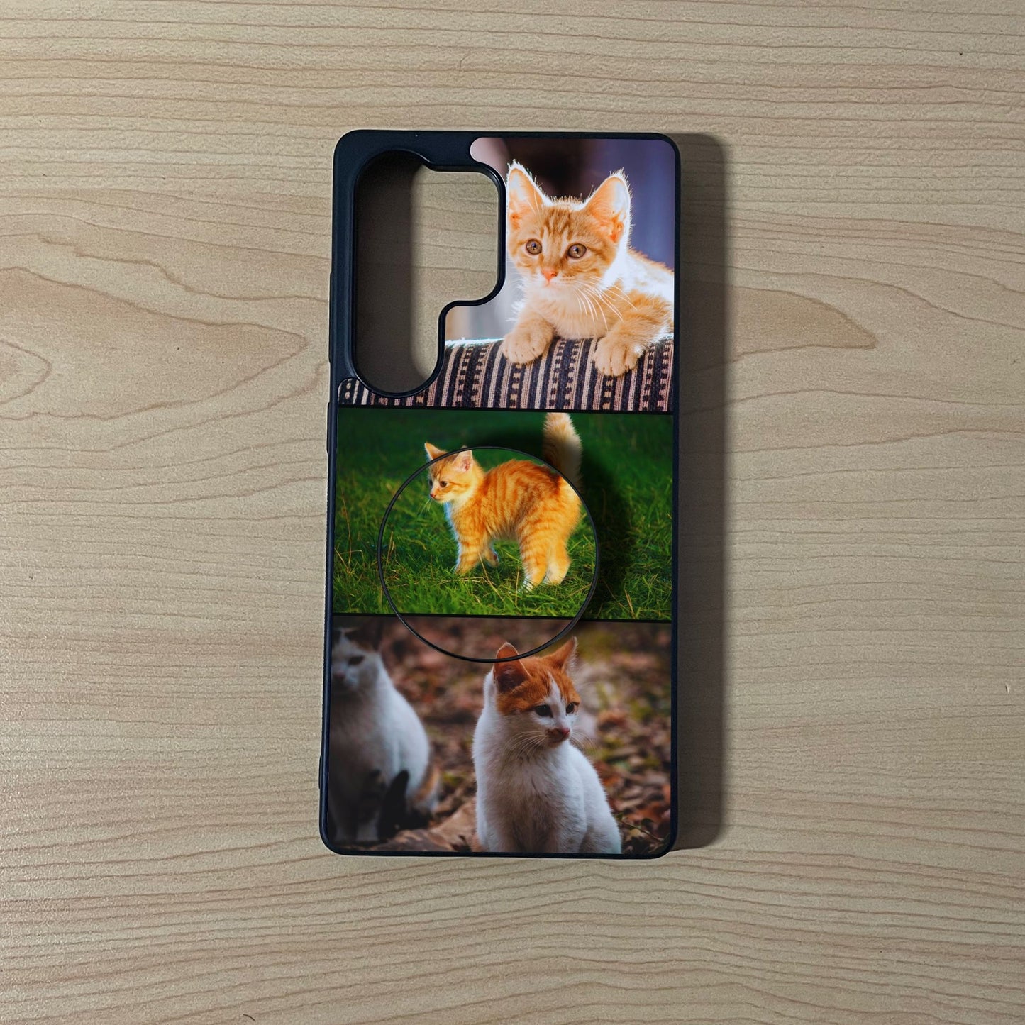 Custom Samsung phone case with 3 photo couple theme collage with an attached phone grip on a wooden surface