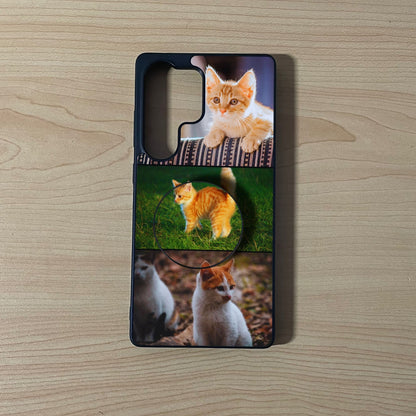 Custom Samsung phone case with 3 photo couple theme collage with an attached phone grip on a wooden surface
