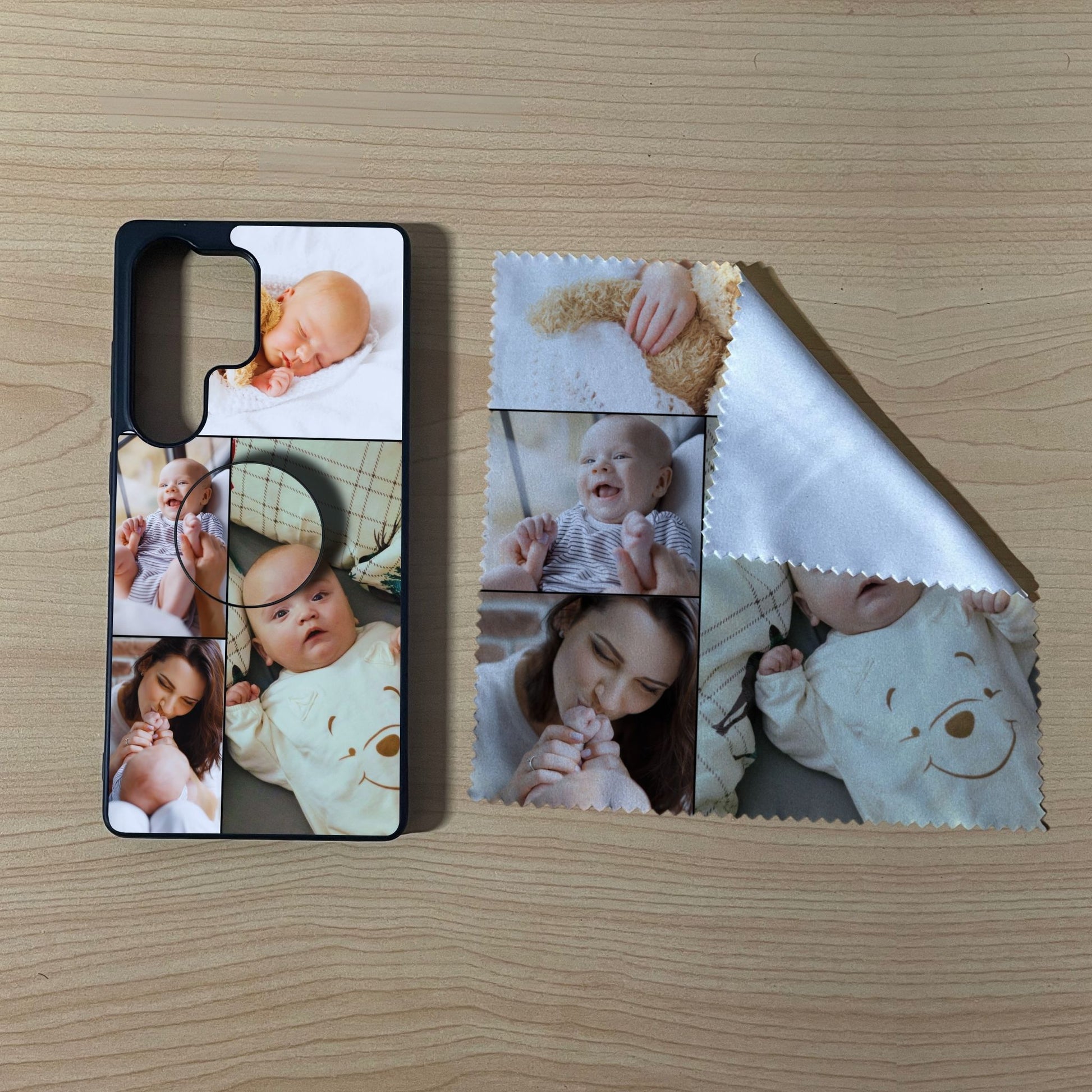 Samsung matching bundle set with a phone case, phone grip and microfiber cloth with 4 photo collage baby theme on a wooden surface