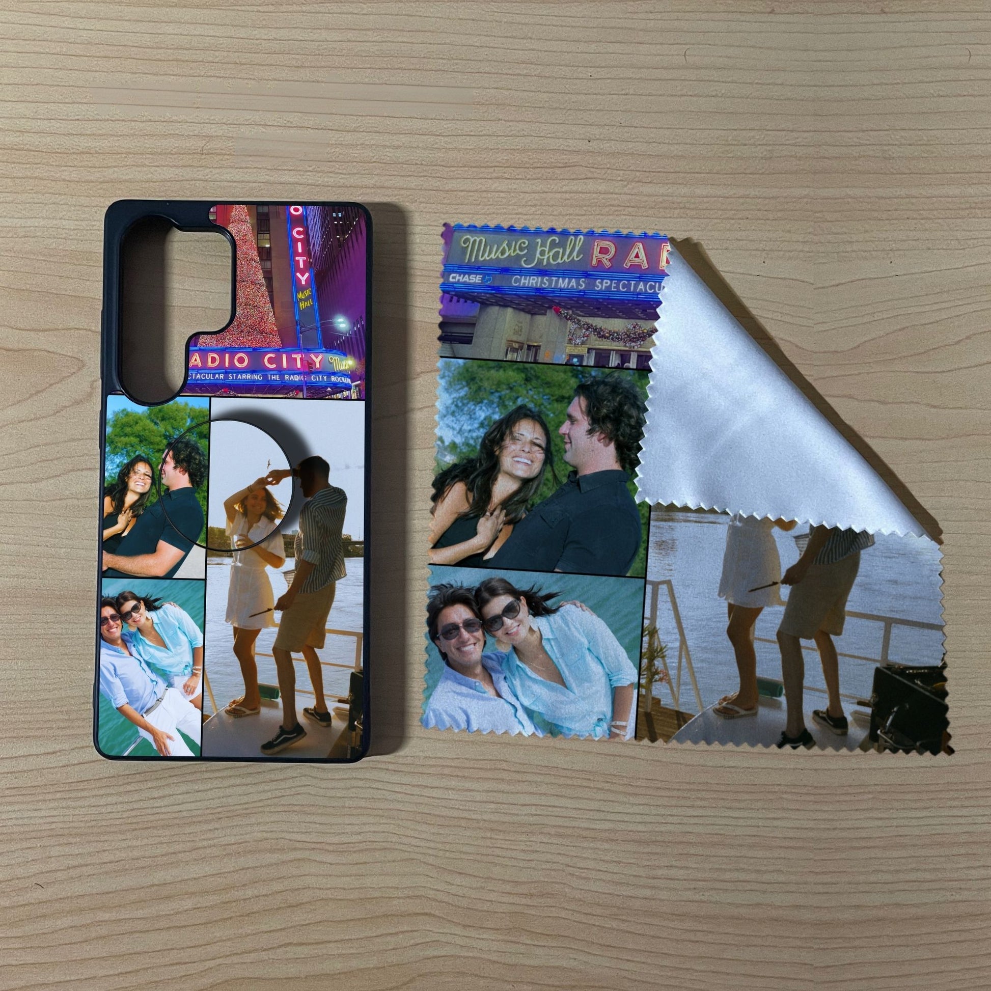 Samsung matching bundle set with a phone case, phone grip and microfiber cloth with 4 photo collage couple theme on a wooden surface