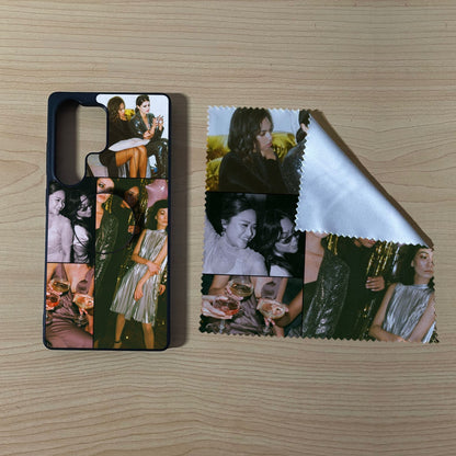 Samsung matching bundle set with a phone case, phone grip and microfiber cloth with 4 photo collage family design on a wooden surface