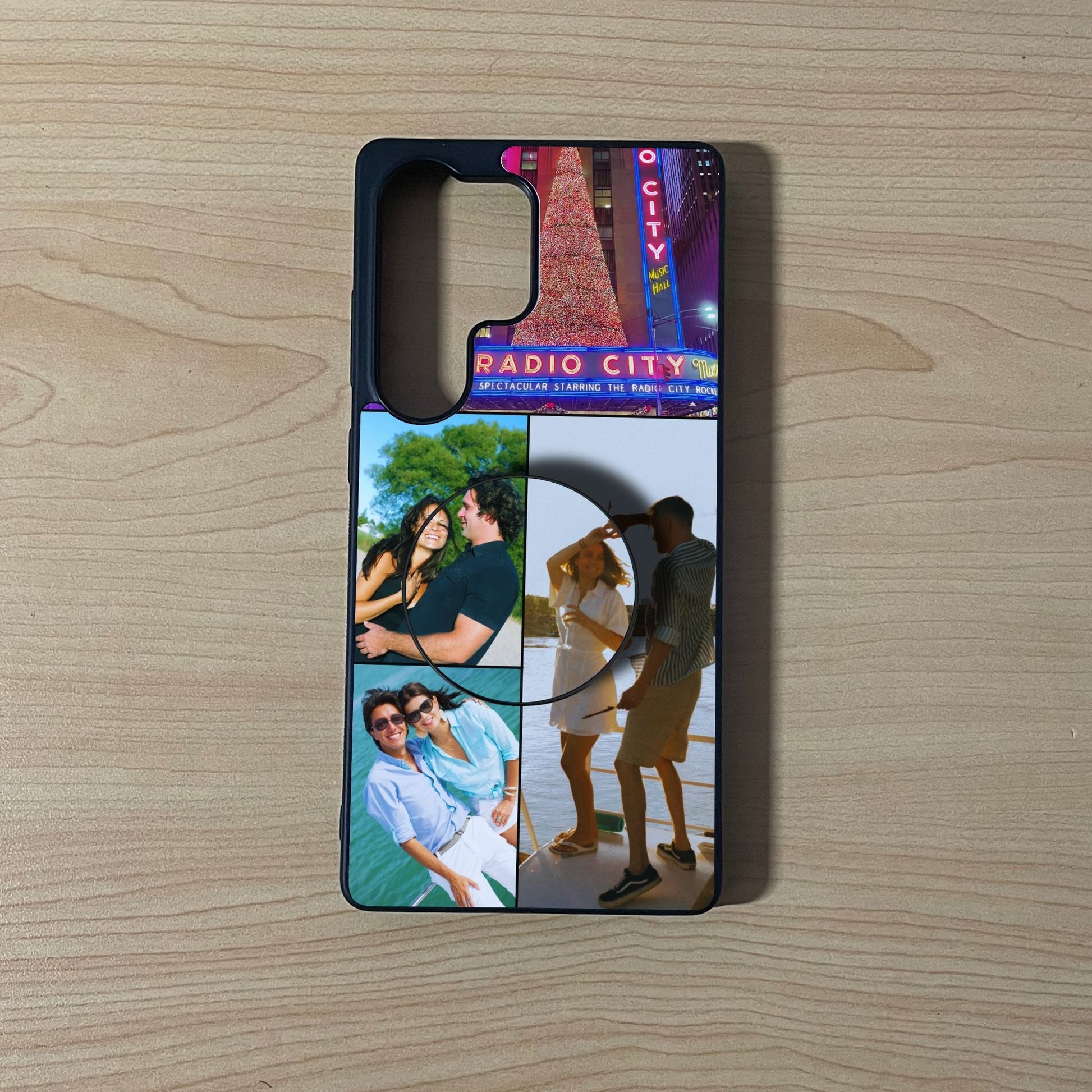 Custom Samsung phone case with 4 photo couple theme collage with an attached phone grip on a wooden surface