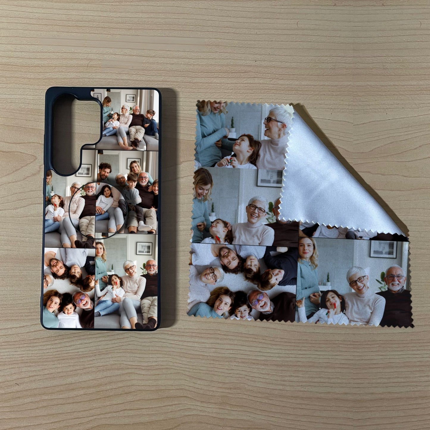 Samsung matching bundle set with a phone case, phone grip and microfiber cloth with 5 photo collage family design on a wooden surface