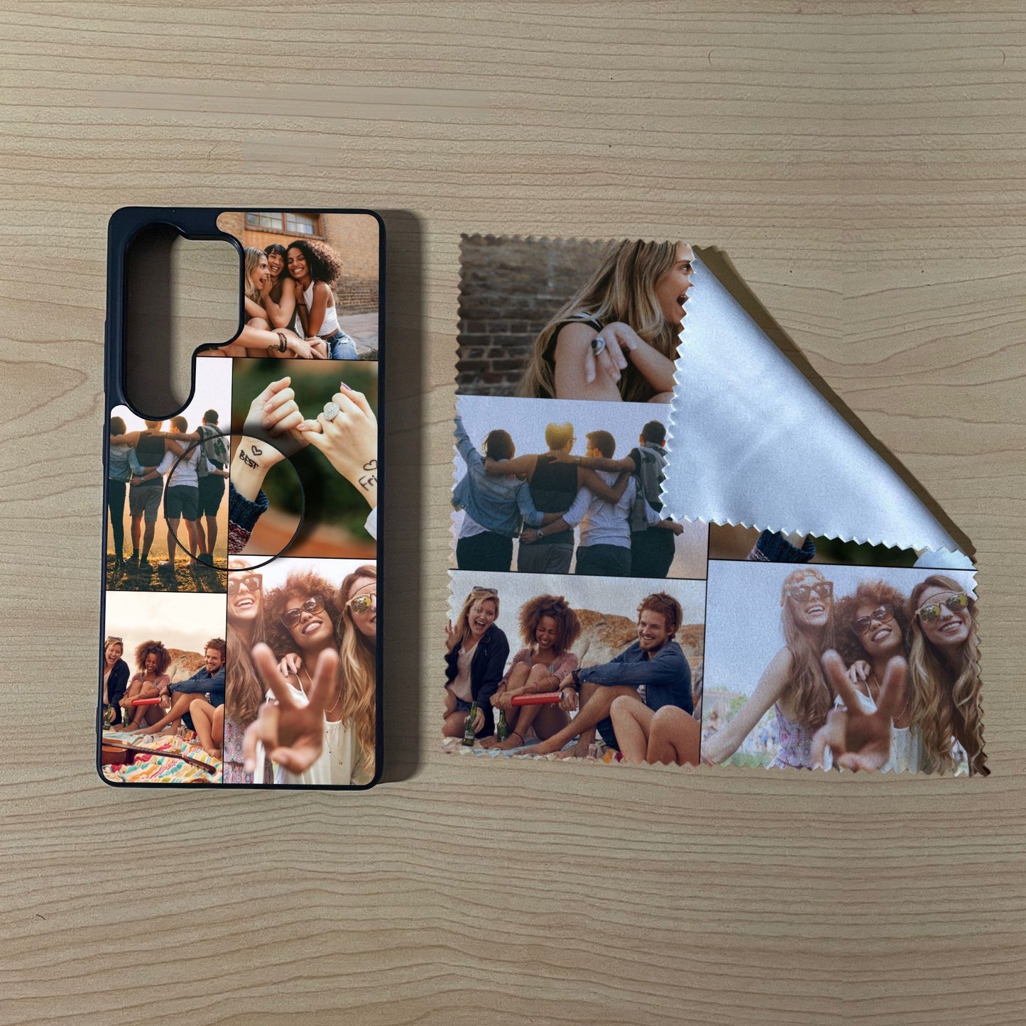 Samsung matching bundle set with a phone case, phone grip and microfiber cloth with 5 photo collage friends theme on a wooden surface