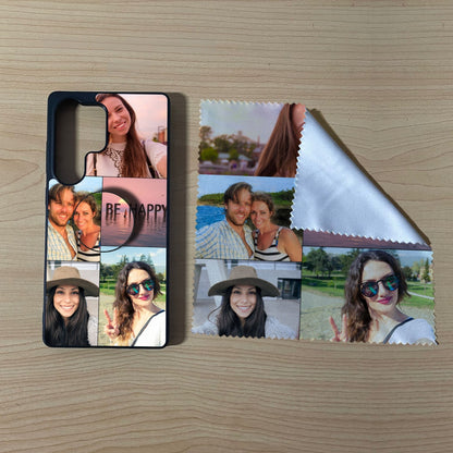 Samsung matching bundle set with a phone case, phone grip and microfiber cloth with 5 photo collage couple design on a wooden surface