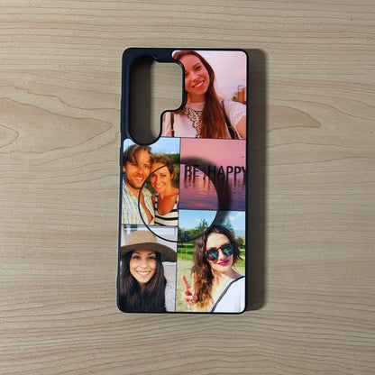 Custom Samsung phone case with 5 photo couple theme collage with an attached phone grip on a wooden surface