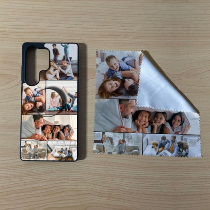 Samsung matching bundle set with a phone case, phone grip and microfiber cloth with 6 photo collage family design on a wooden surface