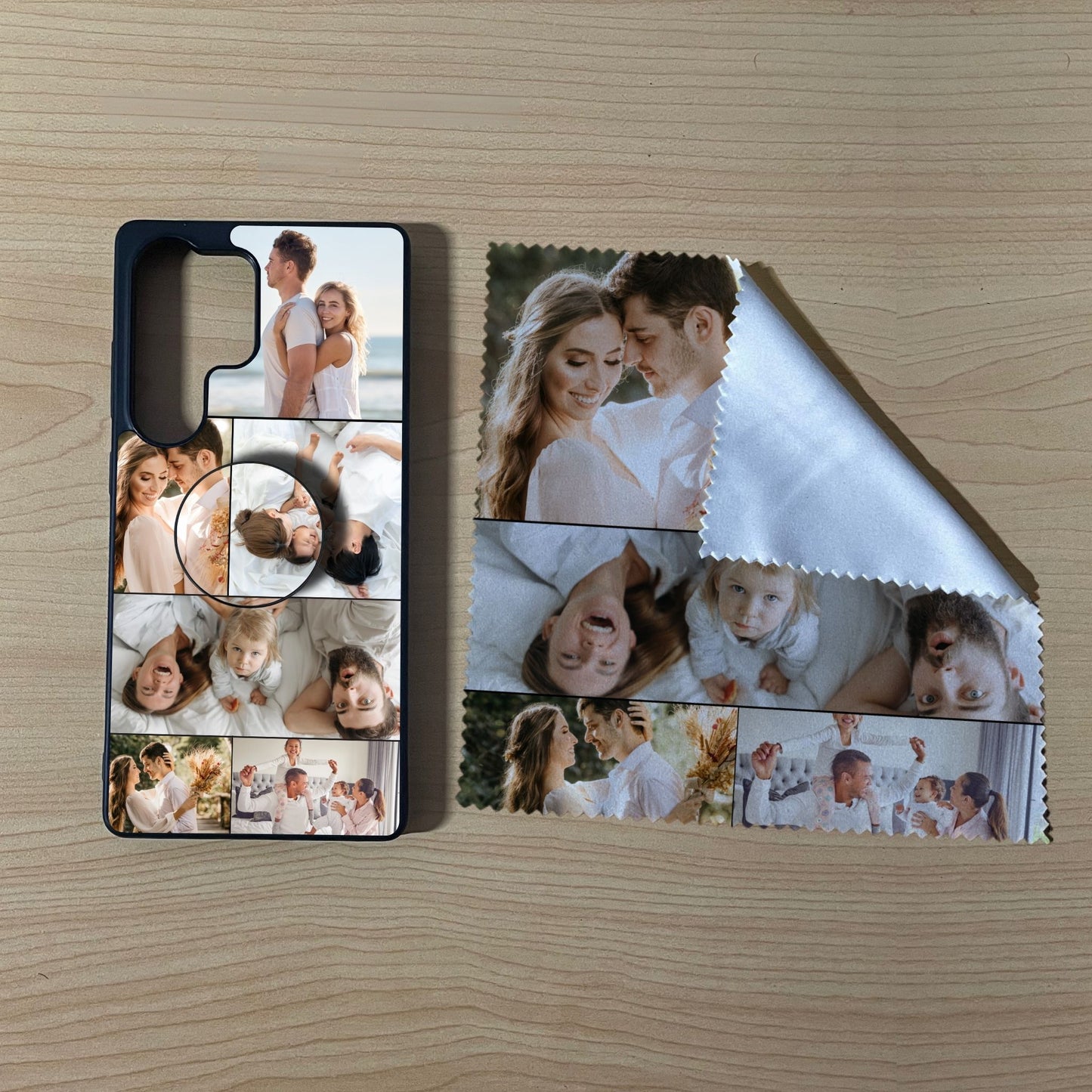 Samsung matching bundle set with a phone case, phone grip and microfiber cloth with 6 photo collage family theme on a wooden surface