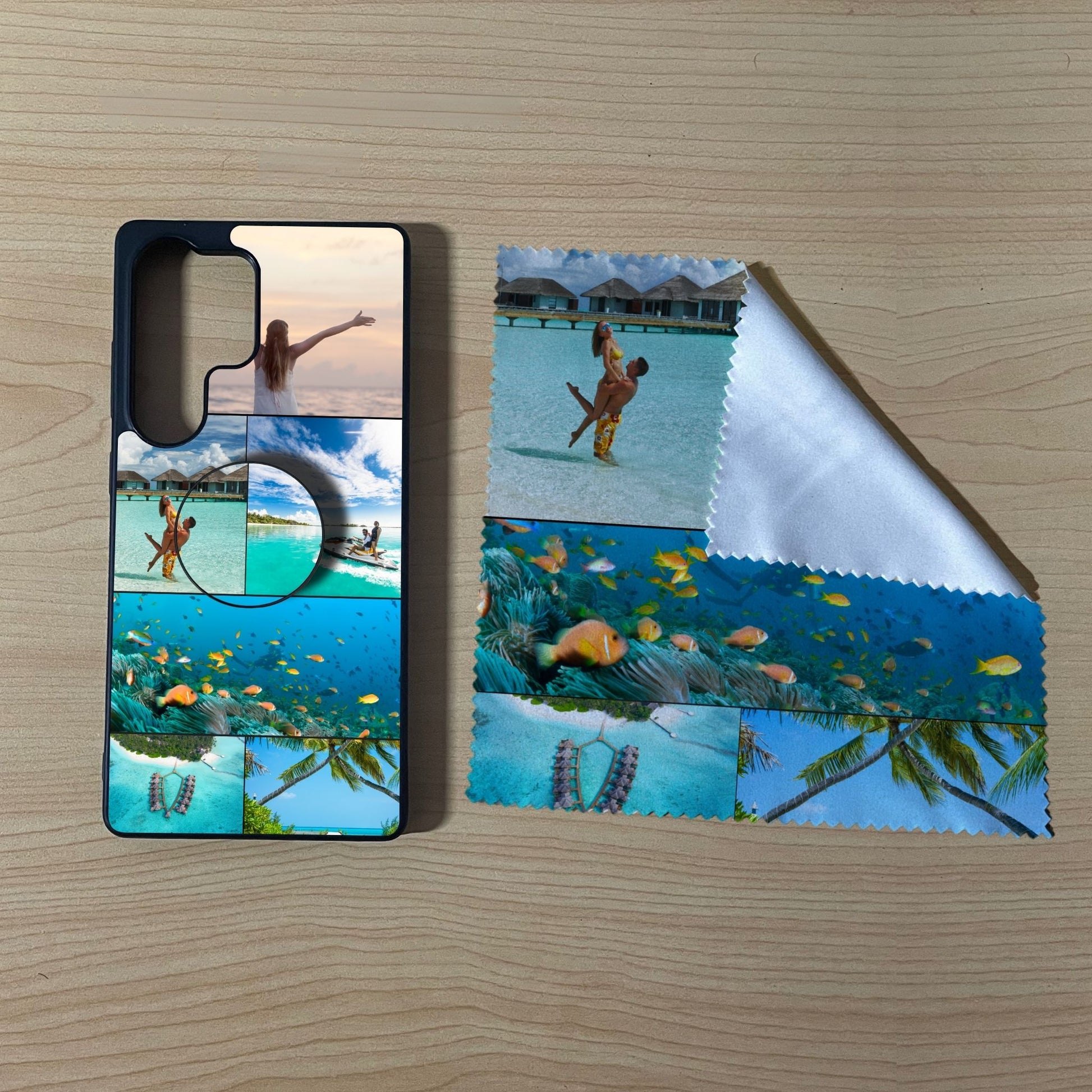Samsung matching bundle set with a phone case, phone grip and microfiber cloth with 6 photo collage vacation theme on a wooden surface