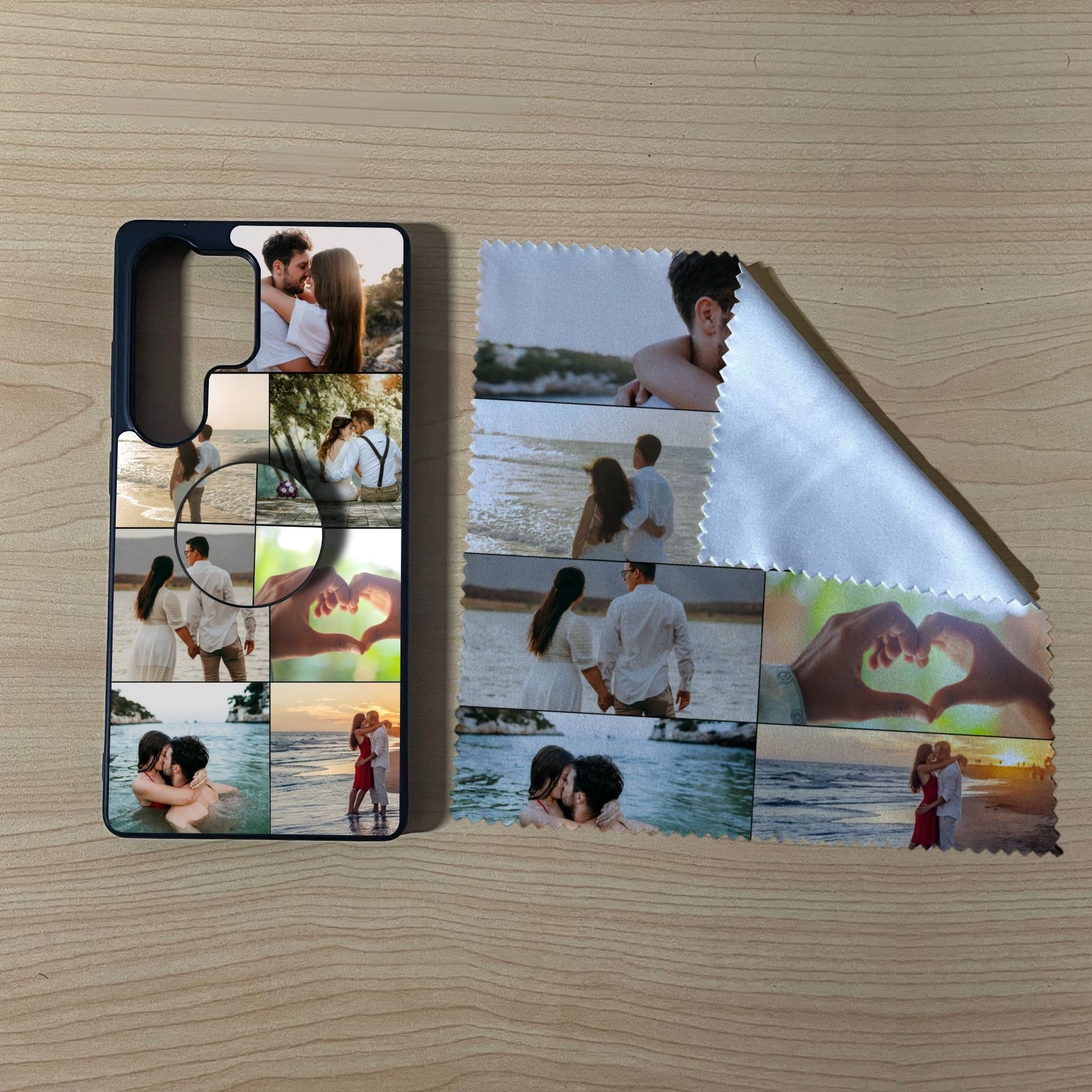 Samsung matching bundle set with a phone case, phone grip and microfiber cloth with 7 photo collage couple design on a wooden surface