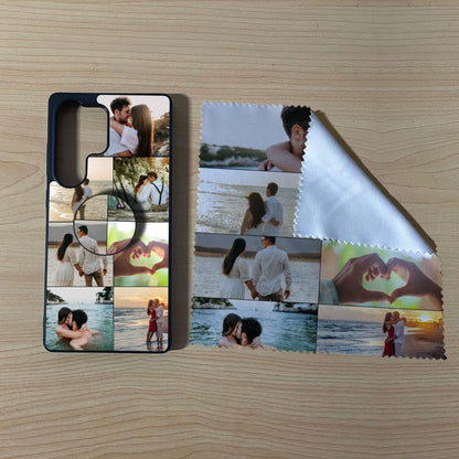 Samsung matching bundle set with a phone case, phone grip and microfiber cloth with 7 photo collage couple design on a wooden surface