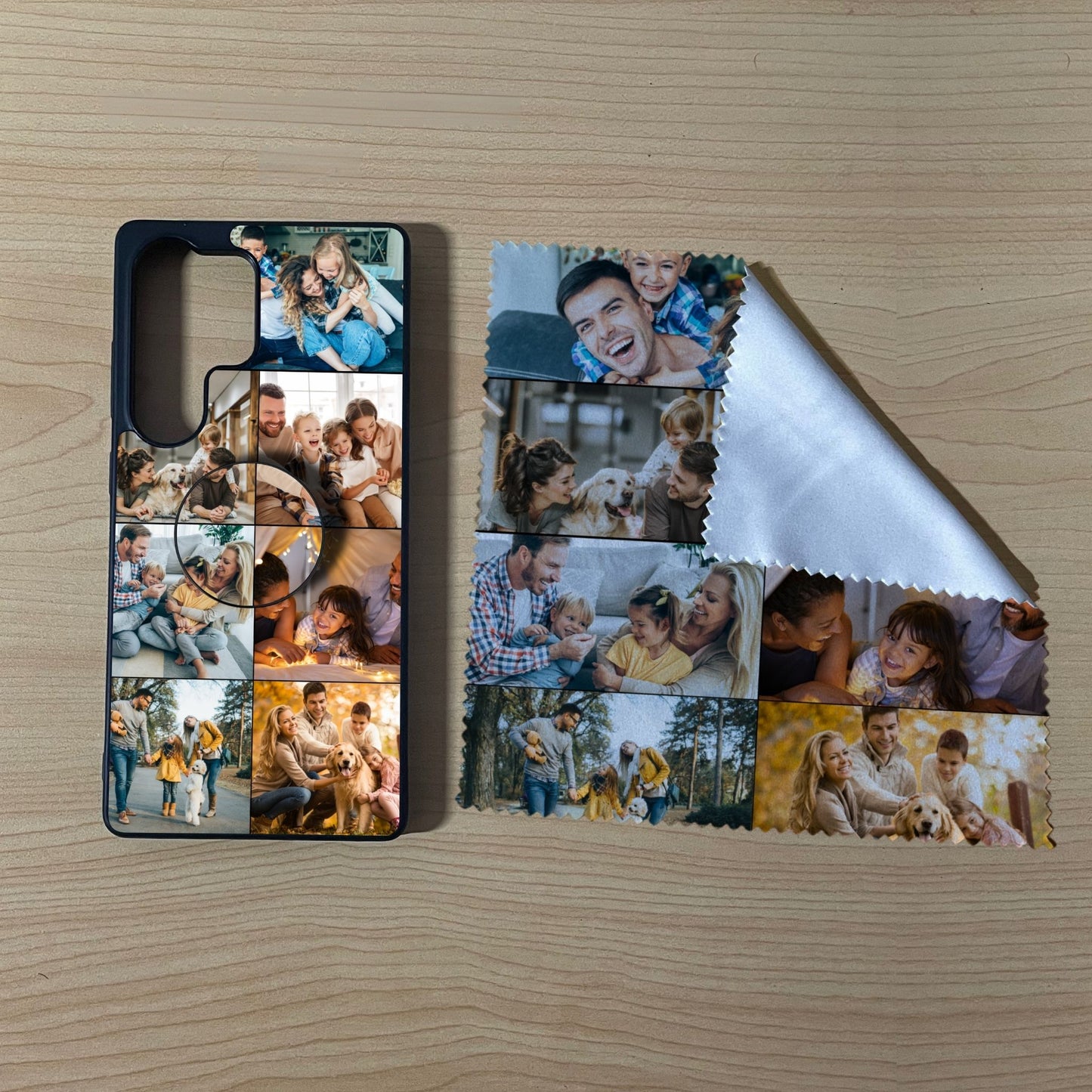 Samsung matching bundle set with a phone case, phone grip and microfiber cloth with 7 photo collage family design on a wooden surface