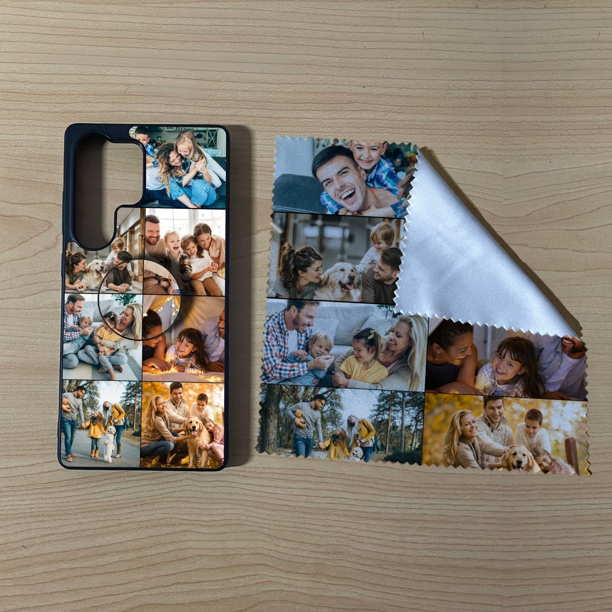 Samsung matching bundle set with a phone case, phone grip and microfiber cloth with 7 photo collage family design on a wooden surface