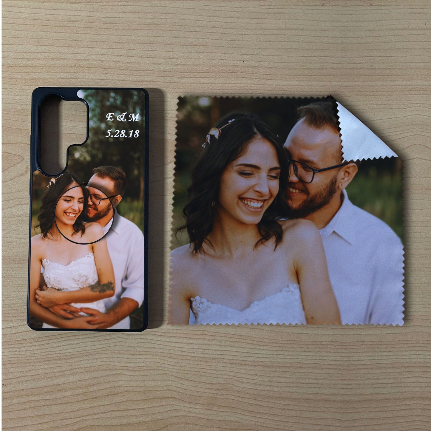 Custom Samsung case with a couple's photo with matching phone grip and matching microfiber cloth phone screen cleaner on a wooden surface