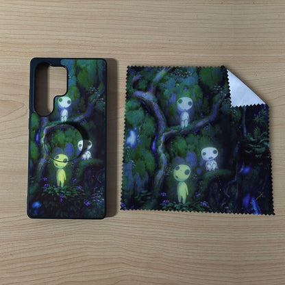 Custom Samsung case bundle set with a phone grip and cleaning cloth with matching forest design on a wooden surface.