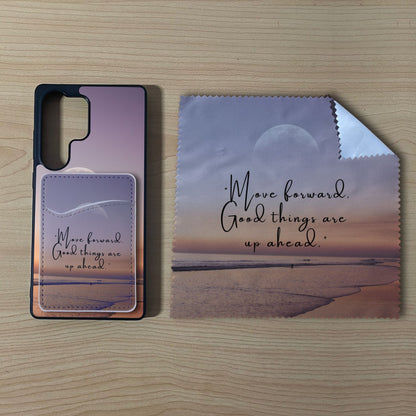 Custom Samsung case with a beach design with matching phone wallet card holder and matching microfiber cloth phone screen cleaner on a wooden surface