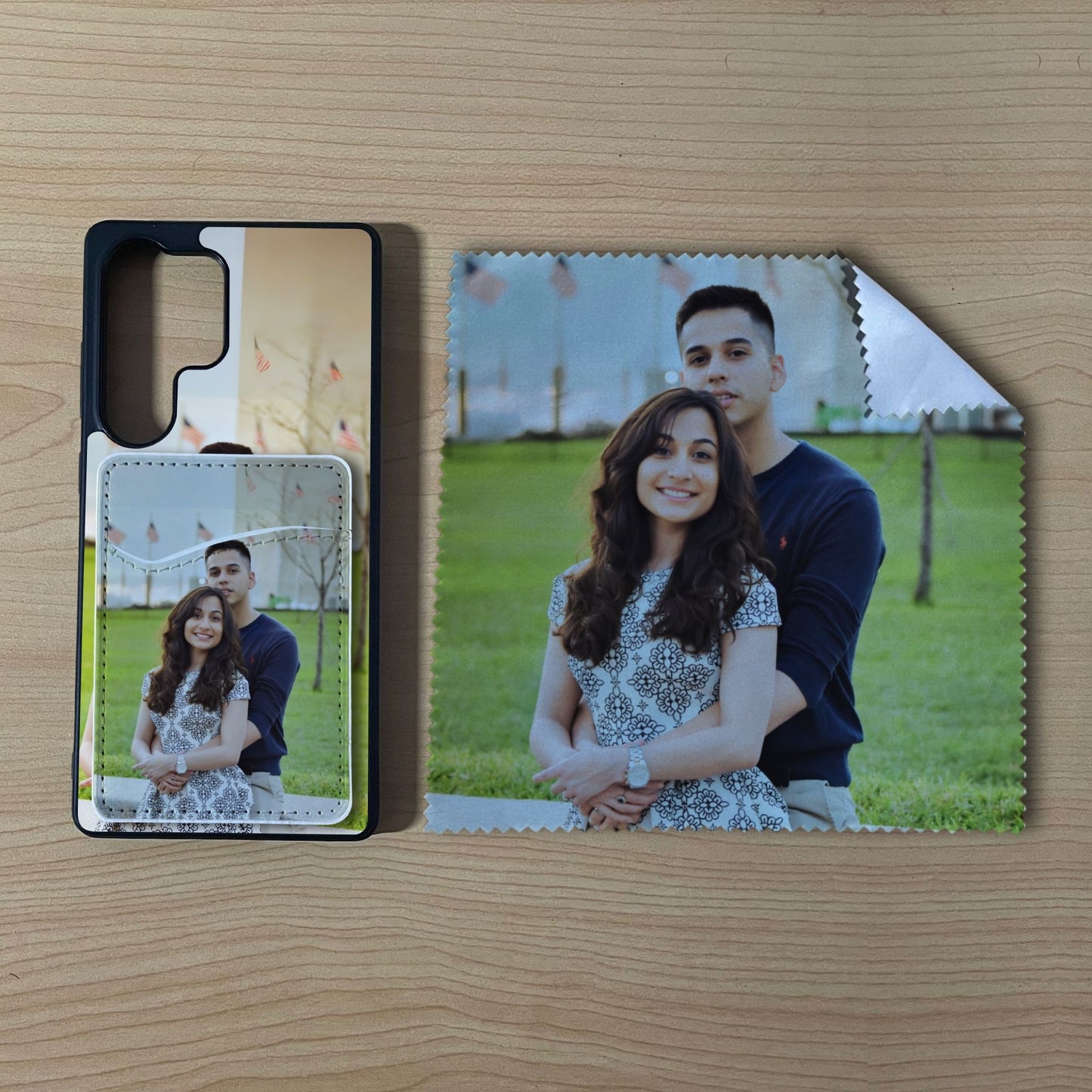 Custom Samsung case with a couple's photo with matching phone wallet card holder and matching microfiber cloth phone screen cleaner on a wooden surface