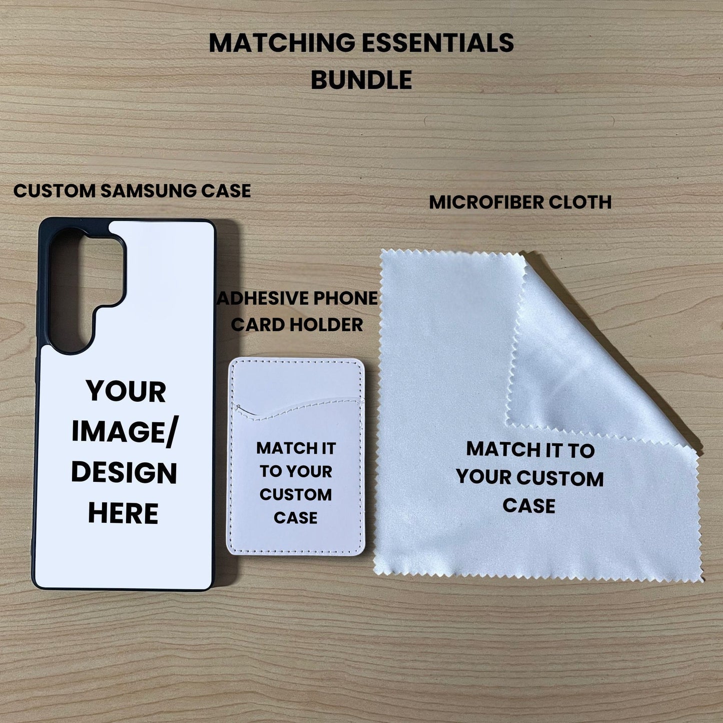 Custom Samsung S25 Ultra phone case, card holder, and microfiber cloth on a wooden surface with text indicating 'Matching Essentials Bundle'.