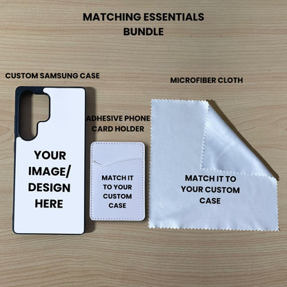 Custom Samsung S25 Ultra phone case, card holder, and microfiber cloth on a wooden surface with text indicating 'Matching Essentials Bundle'.