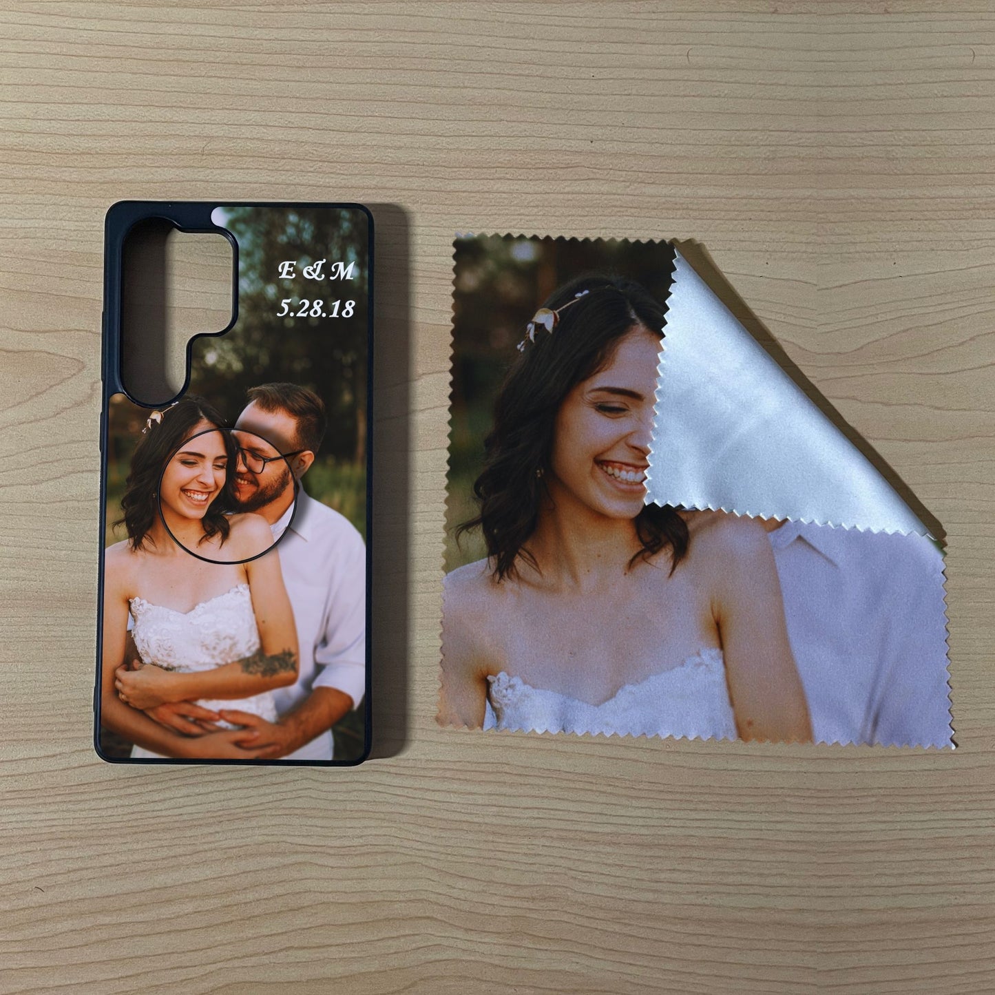 Custom Samsung case with a couple's photo with matching phone grip and matching microfiber cloth phone screen cleaner on a wooden surface