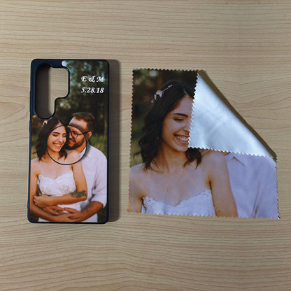 Custom Samsung case with a couple's photo with matching phone grip and matching microfiber cloth phone screen cleaner on a wooden surface