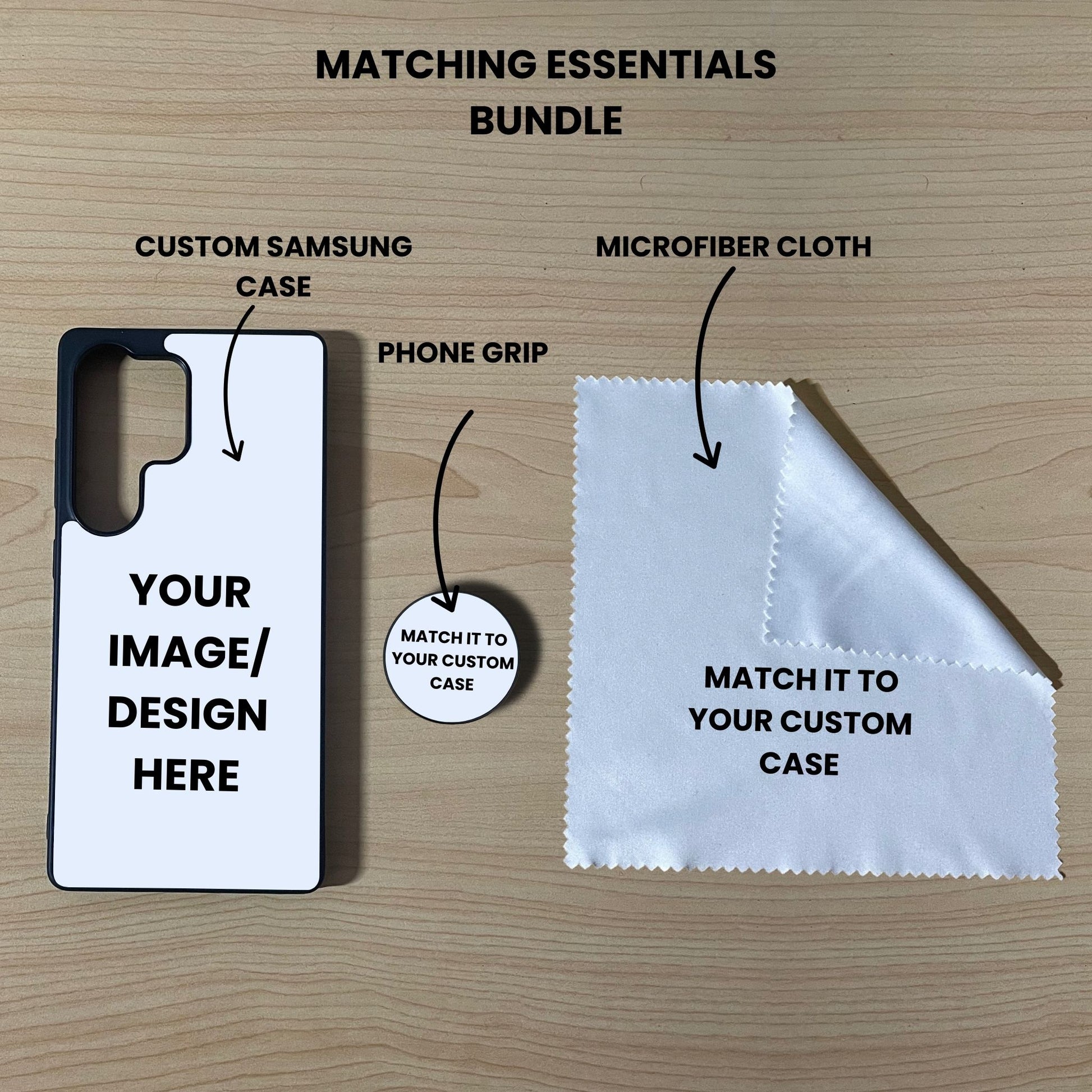 Custom Samsung phone case, grip, and microfiber cloth showing bundle set and image placement on a wooden surface