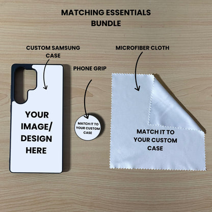 Custom Samsung phone case, grip, and microfiber cloth showing bundle set and image placement on a wooden surface