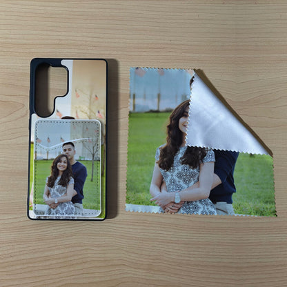 Custom Samsung case with a couple's photo with matching phone wallet card holder and matching microfiber cloth phone screen cleaner on a wooden surface