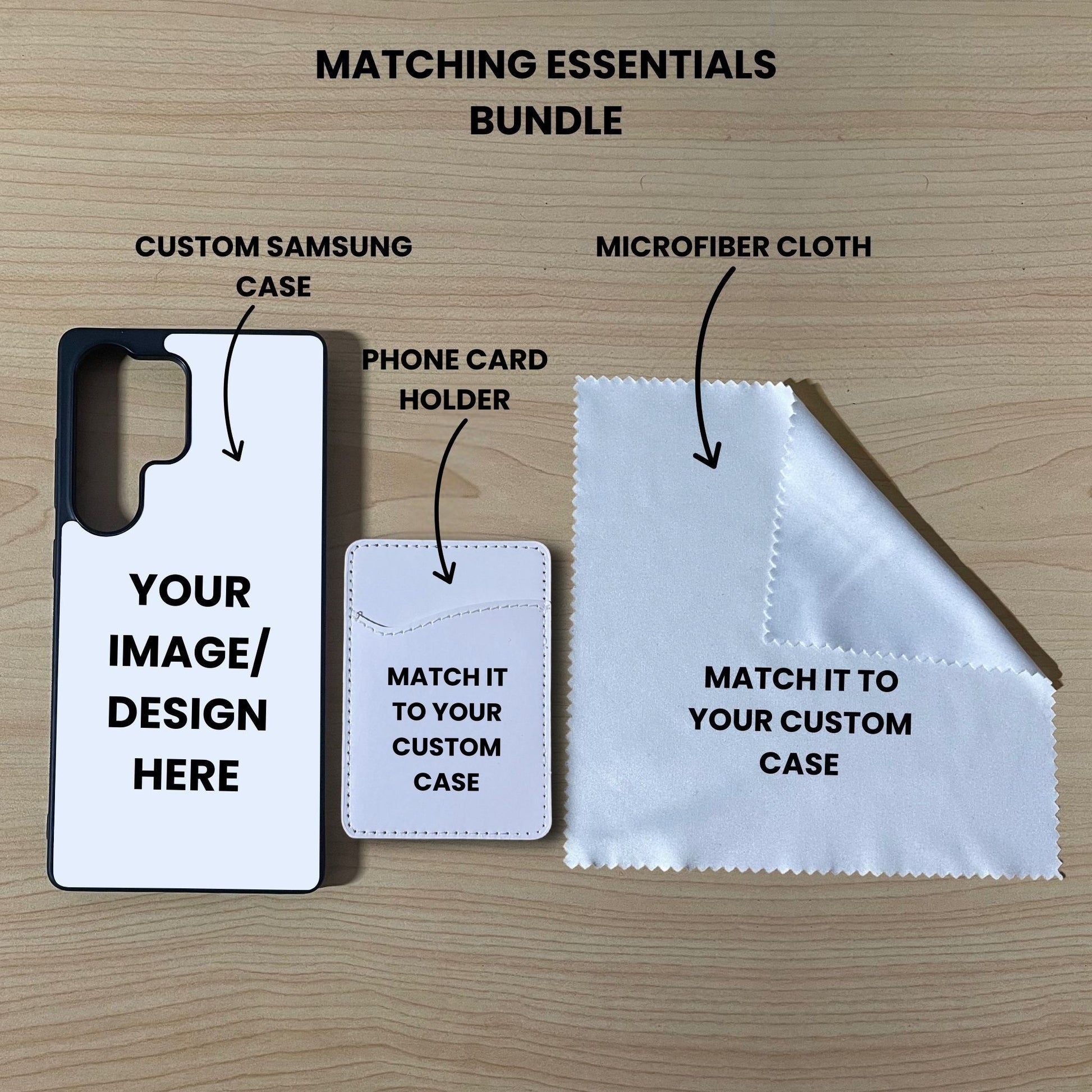 Custom Samsung S25 Ultra phone case, card holder, and microfiber cloth on a wooden surface with text indicating 'Matching Essentials Bundle'.