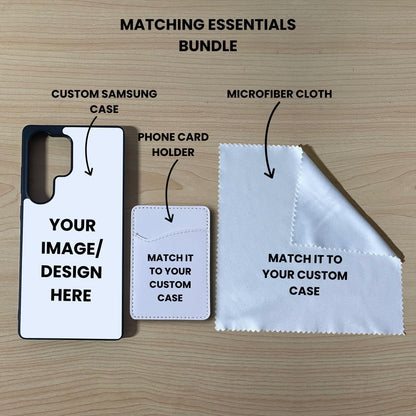 Custom Samsung S25 Ultra phone case, card holder, and microfiber cloth on a wooden surface with text indicating 'Matching Essentials Bundle'.