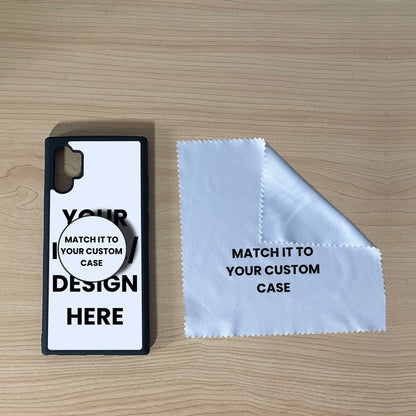Custom Samsung Note 10 Plus case with phone grip and cleaning cloth on a wooden surface with text overlay showing image placement.