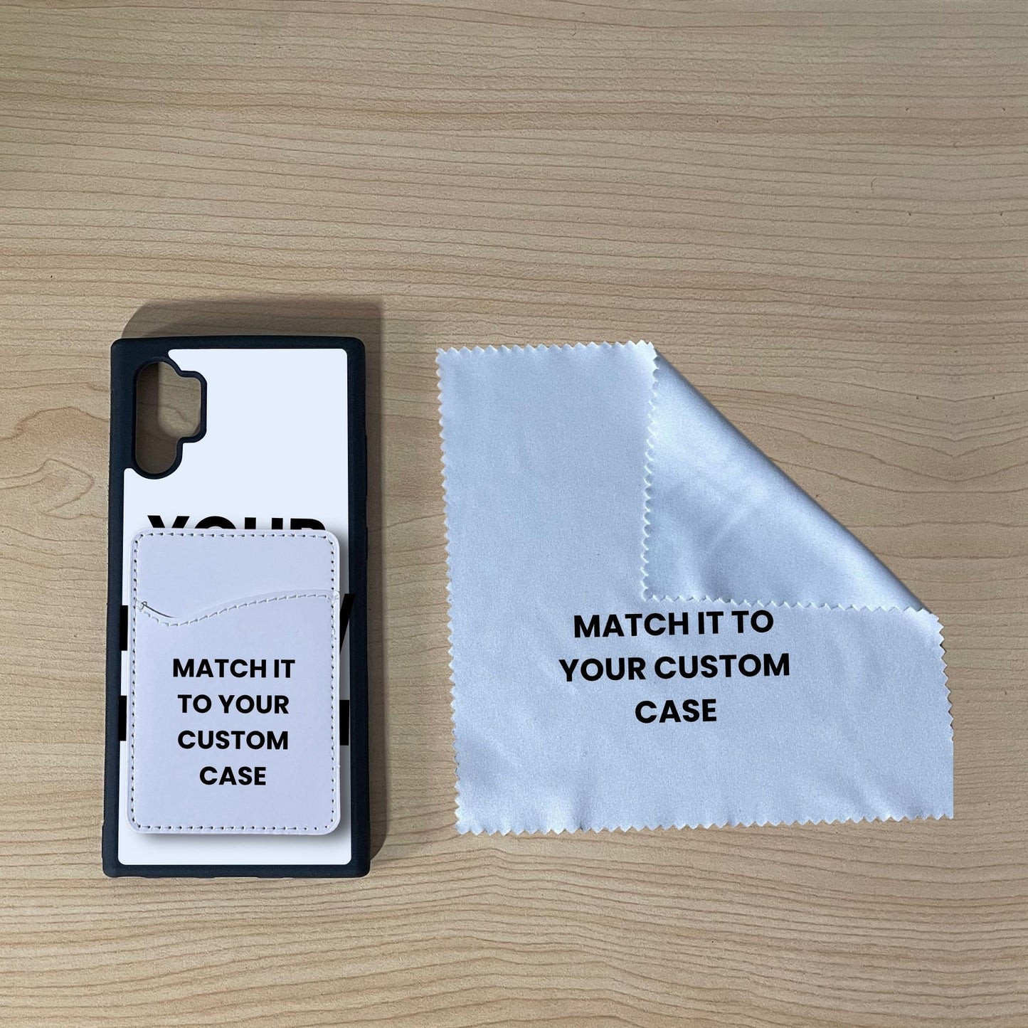 Custom Samsung Note 10 Plus phone case, card holder, and microfiber cloth on a wooden surface with text indicating 'Matching Essentials Bundle'.