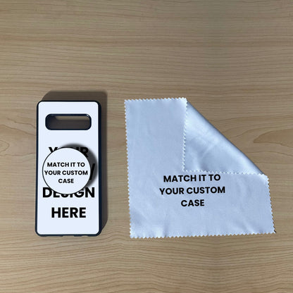 Custom Samsung S10, S10e Ultra case with phone grip and cleaning cloth on a wooden surface with text overlay showing image placement.