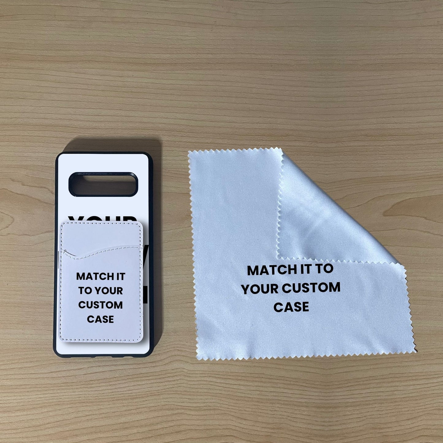Custom Samsung S10 Ultra phone case, card holder, and microfiber cloth on a wooden surface with text indicating 'Matching Essentials Bundle'.