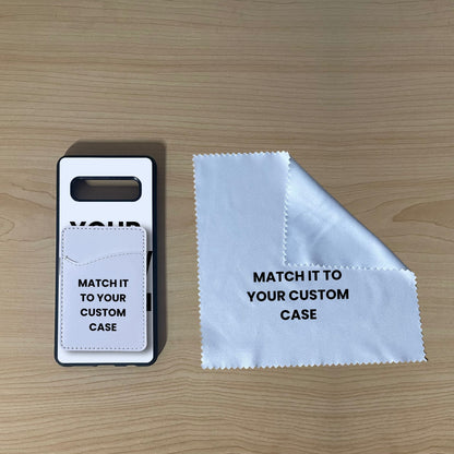 Custom Samsung S10 Ultra phone case, card holder, and microfiber cloth on a wooden surface with text indicating 'Matching Essentials Bundle'.