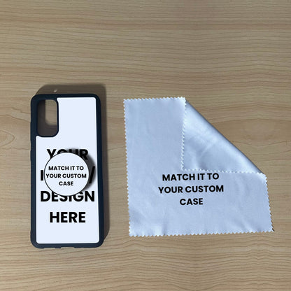 Custom Samsung S20, S20 Plus and S20 Ultra case with phone grip and cleaning cloth on a wooden surface with text overlay showing image placement.