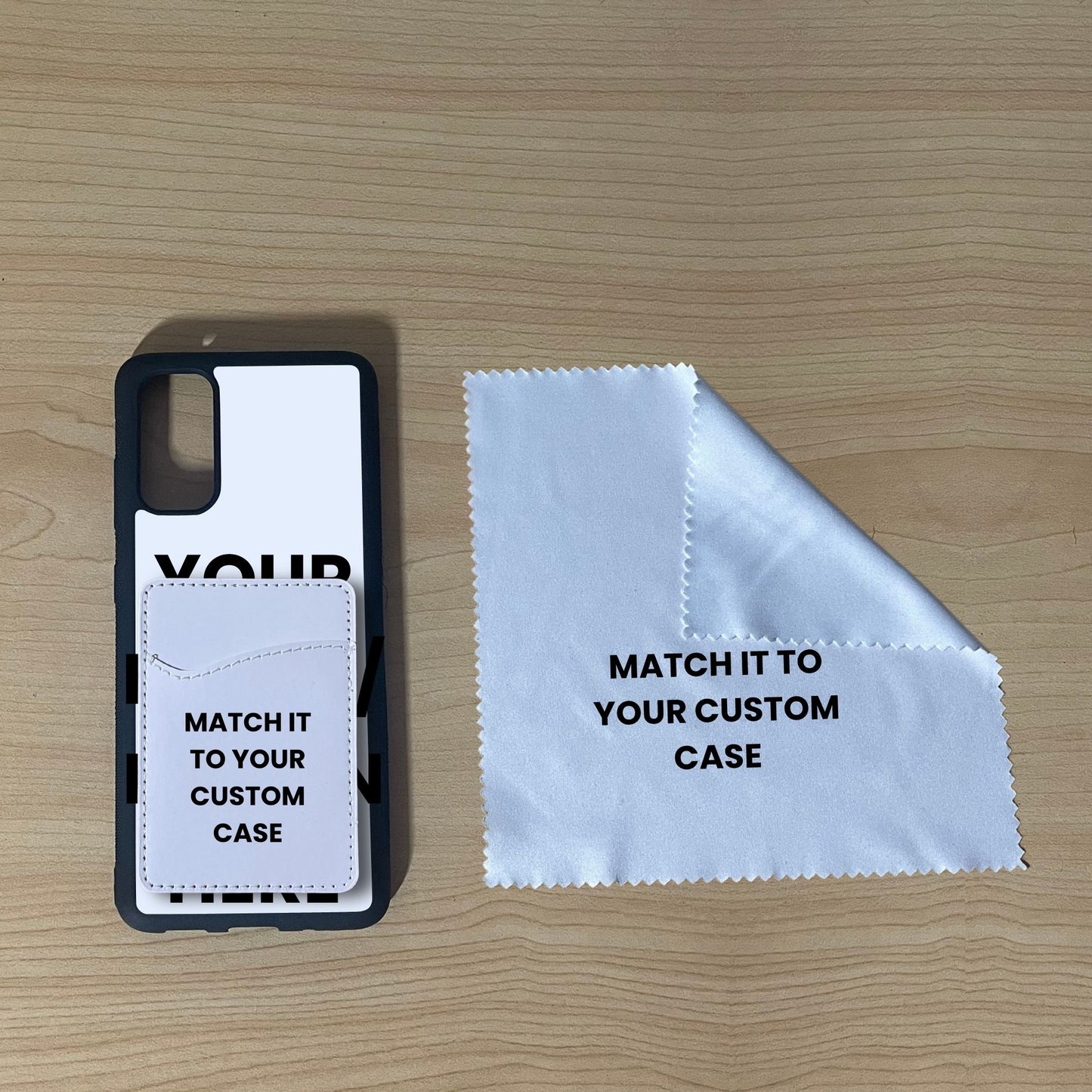 Custom Samsung S20 Plus, S210 Ultra phone case, card holder, and microfiber cloth on a wooden surface with text indicating 'Matching Essentials Bundle'.