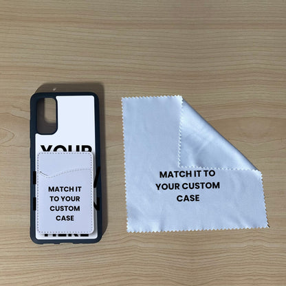 Custom Samsung S20 Plus, S210 Ultra phone case, card holder, and microfiber cloth on a wooden surface with text indicating 'Matching Essentials Bundle'.