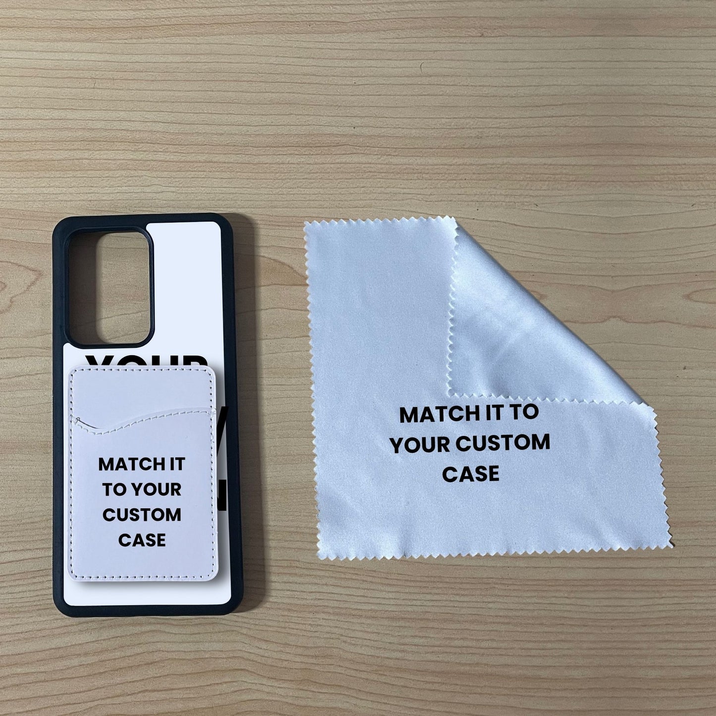 Custom Samsung S21 Ultra phone case, card holder, and microfiber cloth on a wooden surface with text indicating 'Matching Essentials Bundle'.