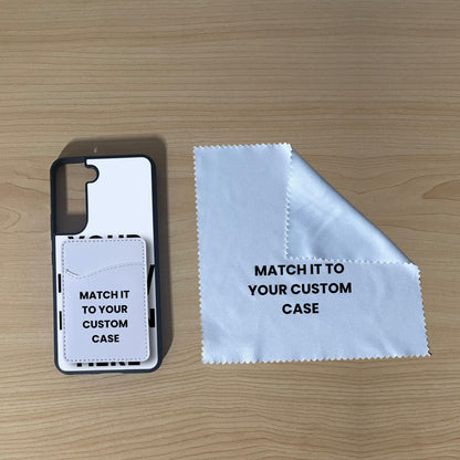 Custom Samsung S22 Plus case with phone wallet card holder and cleaning cloth on a wooden surface with text 'Match it to your custom case'.
