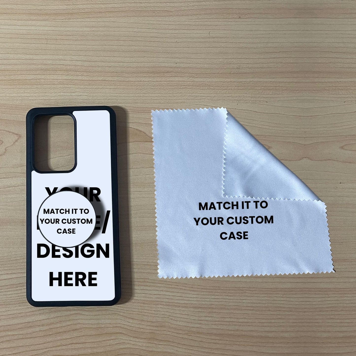Custom Samsung S21 Ultra, Note 20 and Note 20 Ultra case with phone grip and cleaning cloth on a wooden surface with text overlay showing image placement.