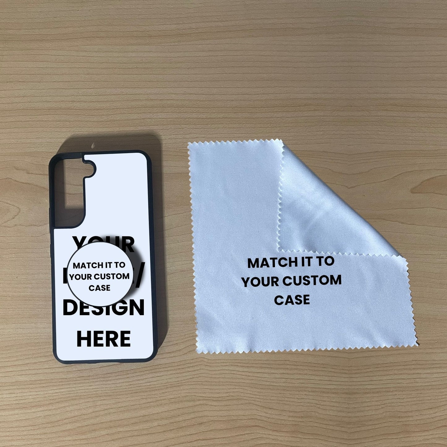 Custom Samsung S22 case with phone grip and cleaning cloth on a wooden surface with text overlay showing image placement.